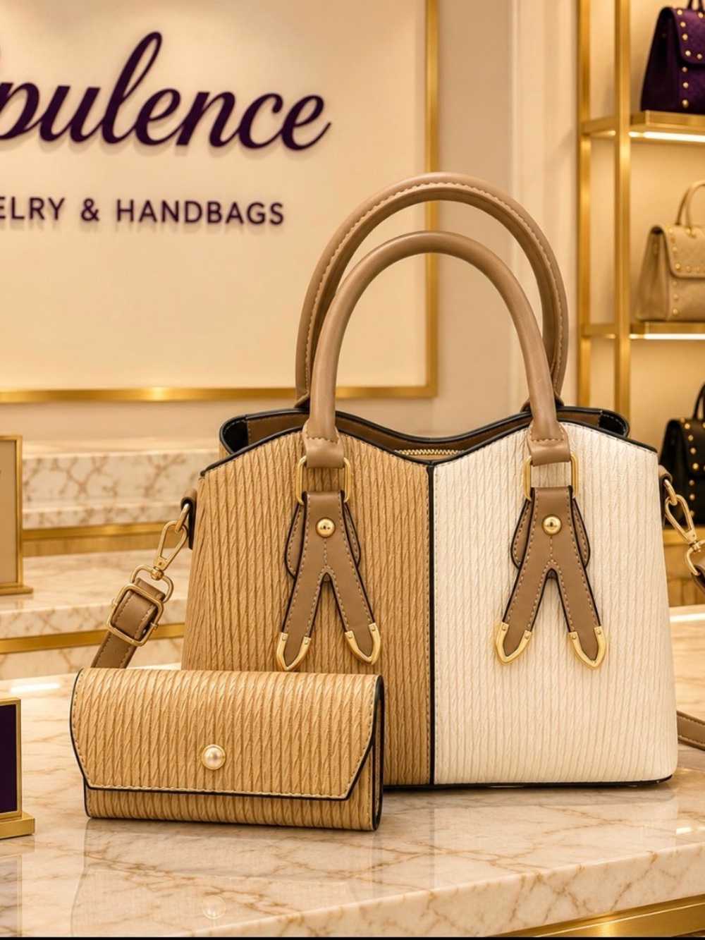 Two-Tone Beige and Cream Tote Handbag with Matching Wallet